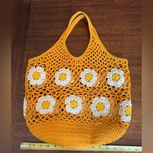 Crochet Floral Tote Bag - Orange and White